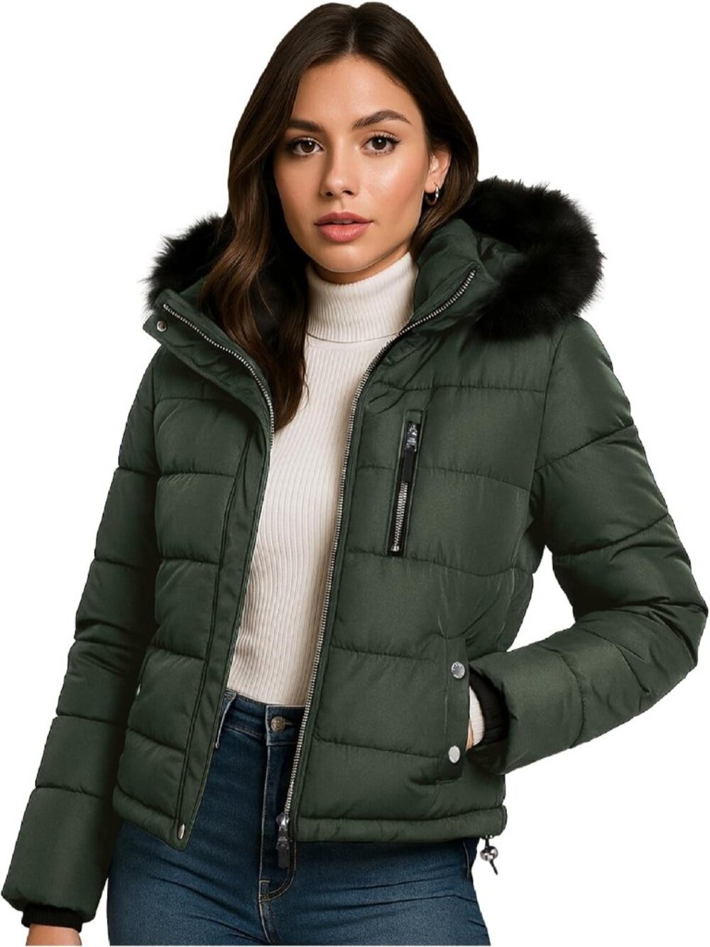 Steve Madden Women's Olive Faux Fur Collar Insulated Cropped Puffer Jackets
